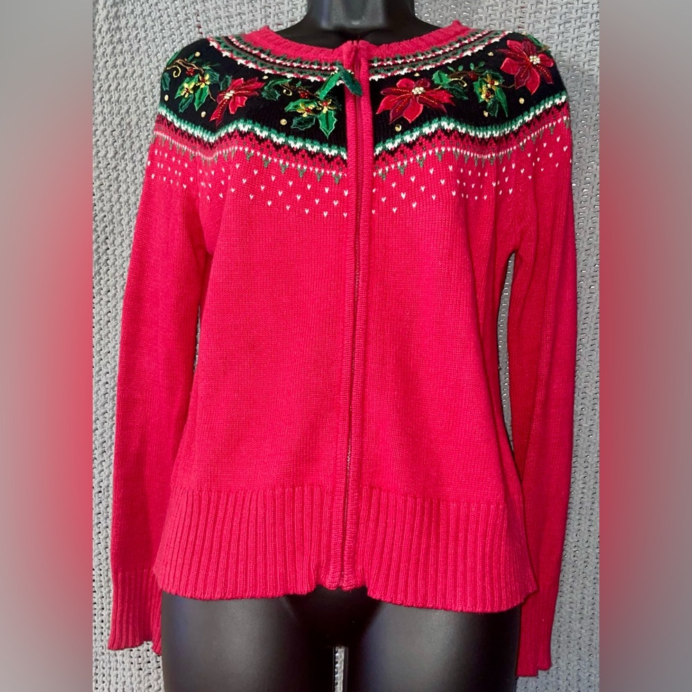 Tierra International Christmas Collection Zip Front Fair Isle Sweater Holly S